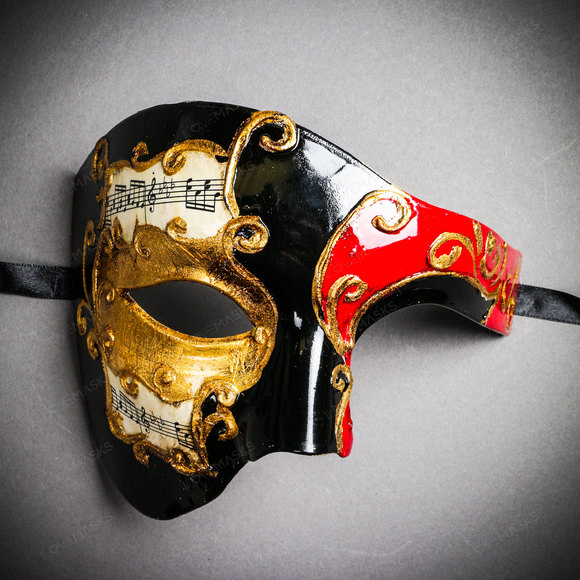 Phantom Of Opera Musical Masquerade Venetian Men Full Mask - Black Red - Picture 2 of 10